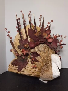 THANKSGIVING TURKEY Centerpiece Decor Cattail Acorn Pinecone wood VNTG Large 16" - Picture 1 of 12