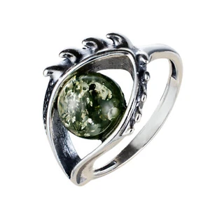 Sterling Silver and Baltic Green Amber Eye Ring - Picture 1 of 6