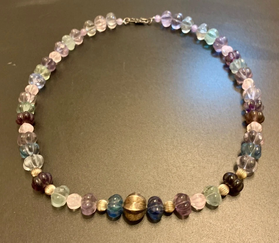 Necklance Carved Pumpkin Fluorite Bali Silver Clasp 23 ins — 第 1/4 张图片