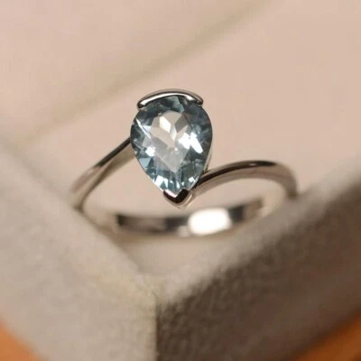 2.00 Ct Pear Cut Real Aquamarine Engagement Wedding Ring 14K Solid White Gold - Image 1 of 4