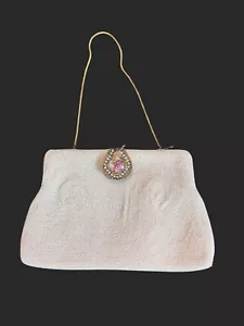 Vintage Off White Pearl Seed Bead Cameo Rhinestone Clasp Clutch Handbag Purse - Picture 1 of 14