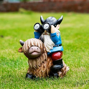 Garden Gnome Statues Resin Gnome Sitting on Highland Cow Solar Lights Outdoor Te - Picture 1 of 12