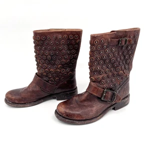 FRYE Women's 6B Jenna Studded Disc Distressed Short Brown Leather Boots Buckle - Picture 1 of 16