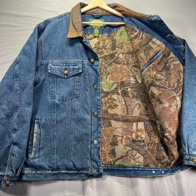 Vintage Cabelas Denim Jacket XL Tall Leather Collar Lined Workwear Outdoor Ranch - Image 1 of 4