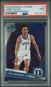 Mini diamante púrpura Jared McCain #18 cromado Bowman University 2023-24 PSA 9 COMO NUEVO - Imagen 1 de 2