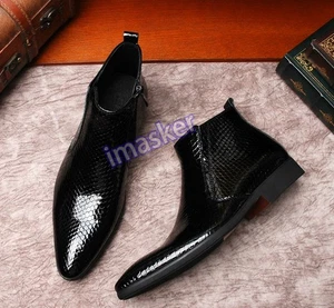 Men's Genuine Leather Snakeskin  Boots Pointy Toe Slip on Business Shoes - Picture 1 of 9