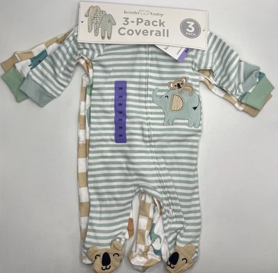 Boys Size 0-3M Koala Baby 3-Pack Coveralls Footed Zip-Up Sleepers Elephants - Image 1 of 4