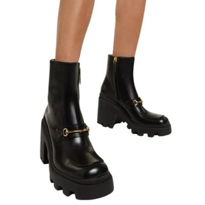 NEW Gucci Magnum Calf Leather Horsebit Lug Sole Boots Black Women Size 40 - Picture 1 of 17
