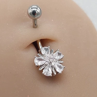 Belly Bars Button Piercing Bar Dangle Navel Body Jewellery Gem Ring Silver Round - Image 1 of 4
