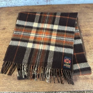 Bufanda de Colección Marrón Naranja a Cuadros 100% Lana de Cordero Flecos Hecha en Alemania Occidental 48" de Largo - Imagen 1 de 3