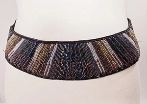 Vintage Retro Black Beaded Sequin Cummerbund Style Belt Waist 27"-30" Gold Red - Picture 1 of 8