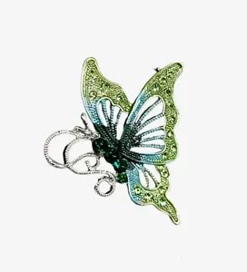 Butterfly Pin Brooch or Pendant Silver Tone Filligree Green Rhinestones Teal New - Picture 1 of 3