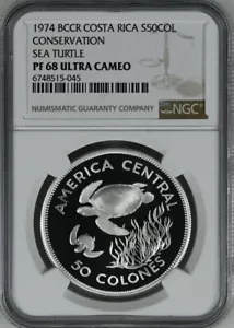 COSTA RICA 50 Colones 1974 Silver NGC PF68 UC Conservation Green Sea Turtle - Picture 1 of 6