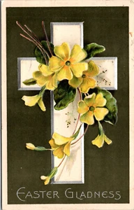 Vtg 1910s Easter Gladness Silver Gilt Cross Yellow Flowers Embossed Postcard - Picture 1 of 2