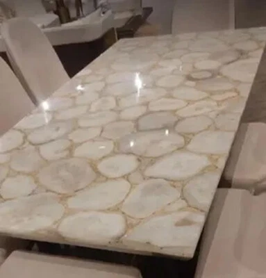 White Agate Countertop For Office Meeting Luxury Handmade Coffee Table Furniture - Image 1 of 4