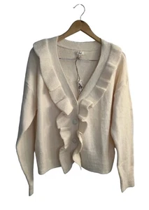 Easel Los Angeles Cardigan Sweater Sz S Cream Wool Blend Ruffles Coquette NEW - Picture 1 of 9