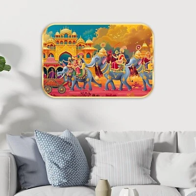 Royal Elephant Procession High Gloss Mirror Finished Golden Slim Frame Painting - Image 1 of 3