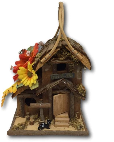 Decorative Bird House Wood Wooden w/ Orange Yellow Sunflowers Glass Cat 9.5" Cover