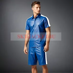 Herren Blau Leder Elastische Taille Kurzarm & Halbarm Button Down Hemd Trainingsanzug - Bild 1 von 2