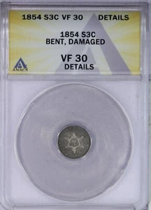 1854 Three Cent Silver 3CS ANACS VF30 Details - Picture 1 of 4