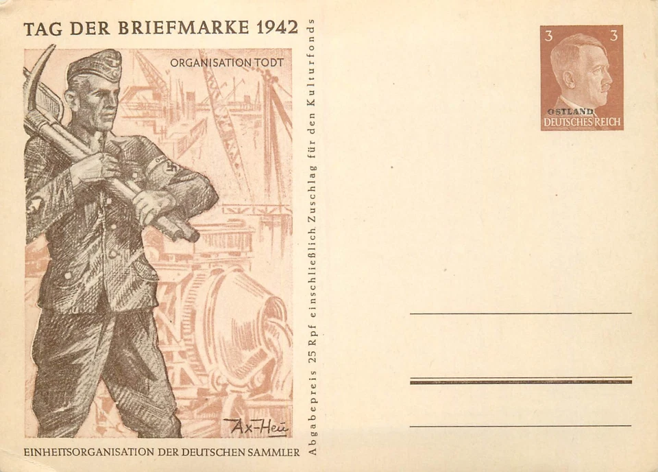 Tarjeta postal E0043 "Día del sello" 1942 "Organización Todt" Segunda Guerra Mundial Foto 1 de 1