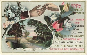 Postcard Vintage Early 1900s Merry Christmas Touching Hands and Flowers - Bild 1 von 2