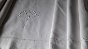 N04 Ancien drap métis blanc broderie de jour de Venise monogr CS 230x295 ann50 - Imagen 1 de 9