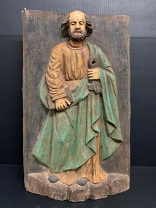 LARGE CARVED WOOD RELIGIOUS POLYCHROME SAINT PETER PLAQUE - Picture 1 of 8
