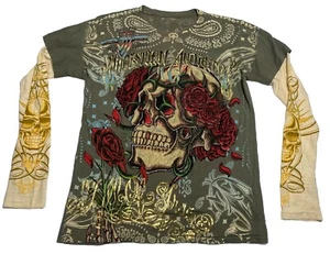Christian Audigier Herren T-Shirt Small Skull Rosen Double Sleeve Bejeweled - Bild 1 von 10