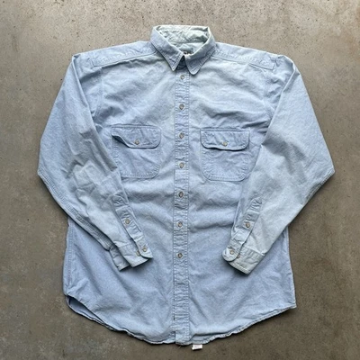 Vtg 80’s Woolrich Men’s Chambray Shirt Light Blue Wash Size L Long USA Made - Image 1 of 4