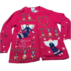The Quacker Factory Red ANGELS  CHRISTMAS Knit Cardigan button Sweater Womens Lg - Picture 1 of 16
