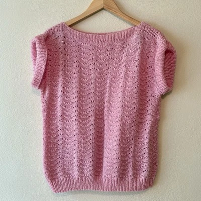 Top de ganchillo vintage hecho a mano para mujer L rosa cuello barco mangas cortas acanalado ondulado Foto 1 de 4