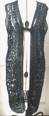 Huayi Size L Black Heavily Beaded/Embroidered Net Long Waistcoat Boho/ Hippie - Image 1 of 4