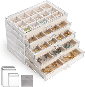 Acrylic Jewelry Organizer with 3 or 5 Drawers Clear Acrylic Velvet Earring Neckl - Picture 1 of 7