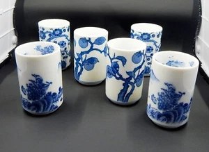 Vintage OMC Japan Porcelain Tall Tea Sake Cups Blue White Floral Set of 6 - Picture 1 of 10