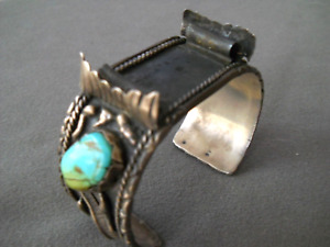 Native American Navajo Turquoise Sterling Silver Raised Feathers Watch Bracelet