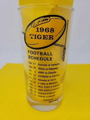 Vintage 1968 Mizzou Missouri Tigers Drinking Glass Football Schedule Fight Song Cover
