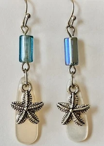 Etched Silver Starfish, Ocean Blue and Mother of Pearl Teardrop Earrings - Picture 1 of 3
