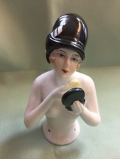 1920's STYLE BEAUTIFUL FLAPPER PIN CUSHION HALF DOLL W/POWDER COMPACT,  4"+