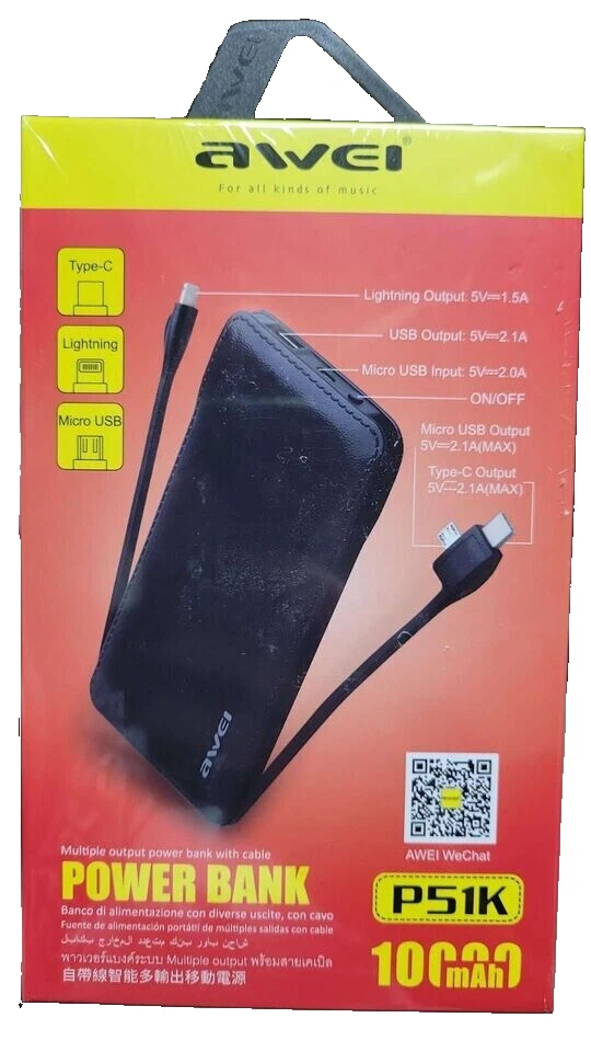Banco de alimentación portátil de carga rápida con cable USB tipo C IOS para viajes-NEGRO Foto 1 de 2