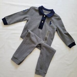 NEW Polo Ralph Lauren Baby Boy Grey Blue Cotton Mesh Coverall Big Pony Size 18M