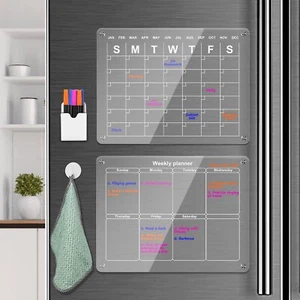 2x Acrylic Magnetic Fridge Calendar Week & Month w/ Dry Erase Markers and Holder - Picture 1 of 6
