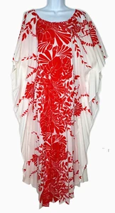 VTG 70s Womens One Size Red Hawaiian Palm Kaftan Pleated Floral Accordion Muumuu - Picture 1 of 9