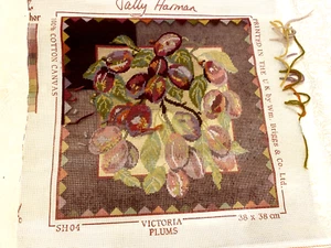 Large BRIGGS UK HANDPAINTED NEEDLEPOINT CANVAS (PARTIALLY DONE) VICTORIA PLUMS - Picture 1 of 2