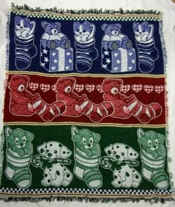 Throw Blanket 46" x 54" Blue Red Green Bear Cat Dog Socks Woven Cotton Blend - Picture 1 of 4