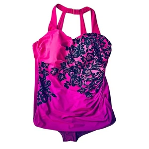 Lands End 24W Plus Size Swimsuit Pink Black Purple Floral Ruched One Piece - Picture 1 of 6