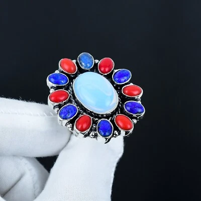 Corallo Rosso Gemma Anello Artigianale 925 Argento Sterling Gioielli Per Regali - Immagine 1 di 4