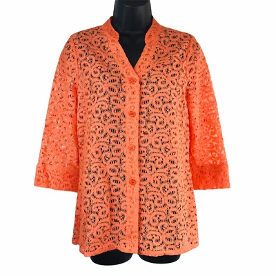 Blusa pequeña para mujer Kim Rogers pequeña naranja melón encaje abierto cuello en V pero arriba Foto 1 de 4