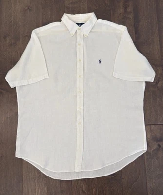 Camisa Ralph Lauren Hombres Talla XL Manga Corta Blanca Abotonada Logo Poni 100% Lino Foto 1 de 4