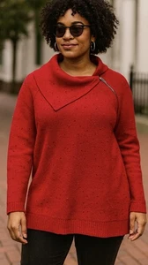 New Talbots Women's Red Split Cowl Neck Speckled Pullover Sweater Gold Zipper XL - Picture 1 of 9